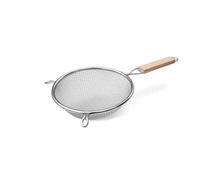 Omcan 8.5" Tinned Double Mesh Strainer with Flat Wood Handle - USA