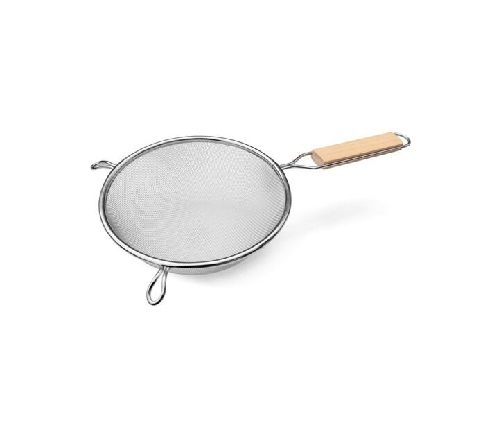 Omcan 11" Tinned Single Mesh Strainer with Flat Wood Handle - USA