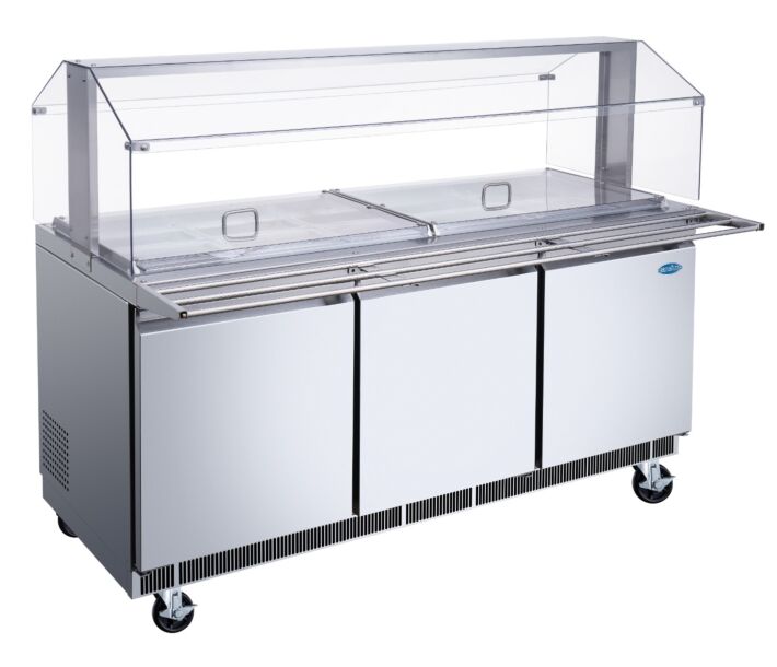 Zanduco 72" Stainless Steel Refrigerated Salad Bar / Cold Food Table with Sneeze Guard, Tray Slide and Pan Covers - 110V, 534W - CA