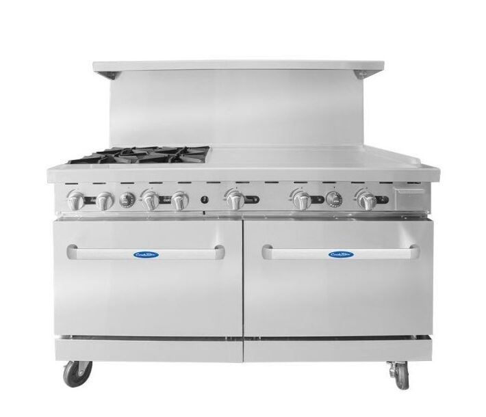 Atosa AGR-4B36GR 60'' Range with (4) Open Burners 32,000 BTU and 36'' Griddle 27,000 BTU on the right with (2) 26'' 1/2 Wide Ovens 27,000 BTU - CA