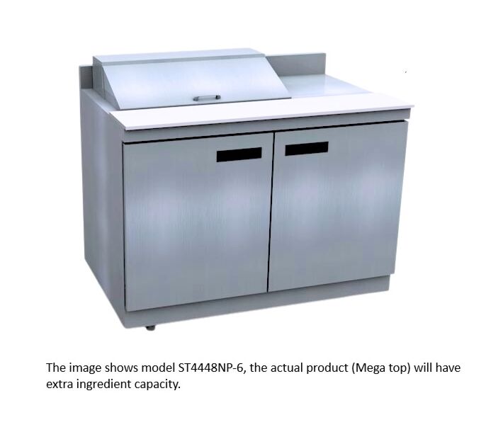 Delfield ST4448NP-6M 48" Mega Top Salad Prep Table with 4" BackSplash (6) 1/6 size pan capacity 16 cu. Ft. - 115V/60/1 - CA
