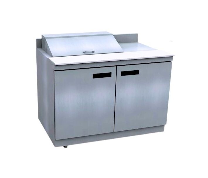 Delfield ST4448NP-6M 48" Mega Top Salad Prep Table with 4" BackSplash (6) 1/6 size pan capacity 16 cu. Ft. - 115V/60/1 - CA