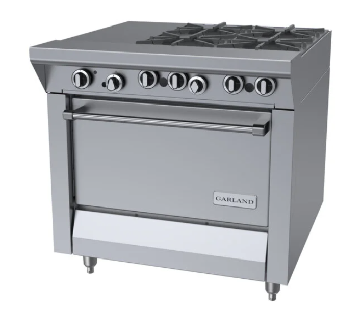 Garland  M43-1S Master Series 34" Liquid Propane Range with 12" wide Hot Top, 4 Open Burners and 1 Storage Base - 102,000 BTU - CA