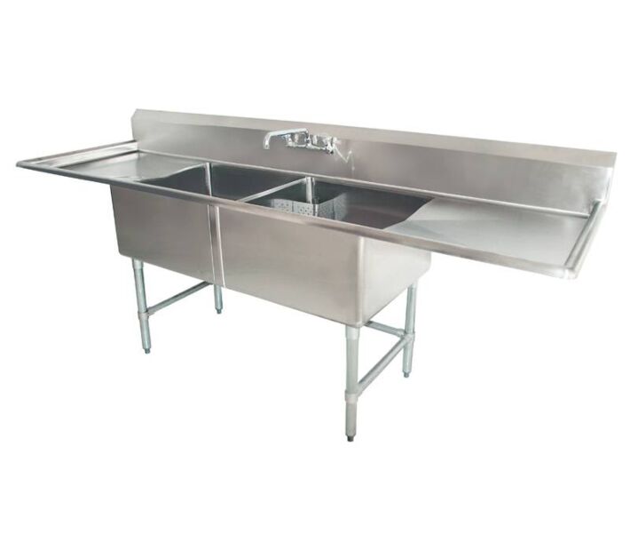 Zanduco 72" 18-Gauge Two Compartment Stainless Steel Sink with 1.8" Corner Drain and Two Drain Boards - 18" X 21" X 14" Bowls - CA