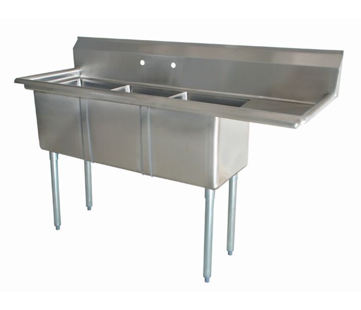 Zanduco 74.5" 18-Gauge Three Compartment Stainless Steel Sink with 1.8" Corner Drain and Right Drain Board - 18" X 21" X 14" Bowls - USA