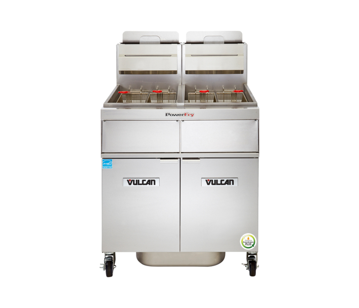 Vulcan PowerFry3 2TR65CF 42" Floor Gas Fryer with 65-70 lb. Capacity, 2 Battery, KleenScreen Filtration, and Stainless Steel Cabinet - Energy Star Certified - USA