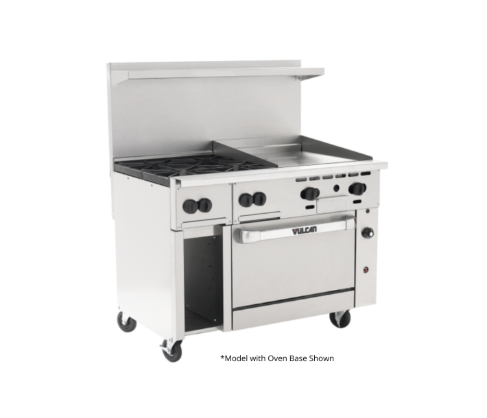 Vulcan 48R-24G4BP Endurance Series 48" 4 Burner Range with 24" Right Griddle, 36" Manual Control, Refrigerated Base, 12" Storage Base, and 120,000 BTU - Liquid Propane - CA