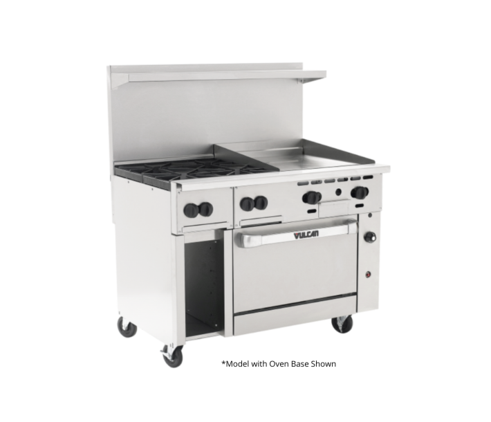 Vulcan 48R-24G4B Endurance Series 48" 4 Burner with 24" Right Griddle, 36" Manual Control, Refrigerated Base, 12" Storage Base, and 120,000 BTU - NG/LP - USA