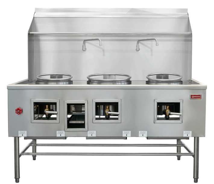 Omcan Three Chamber Wok Range with 2 x13″ & 16″ Rings with Backsplash and Faucet 315,000 BTU – Natural Gas - CA
