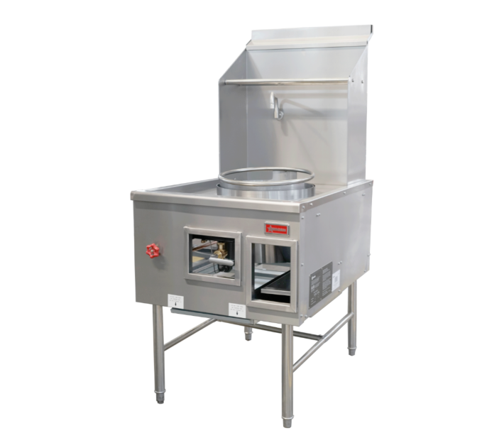 Omcan Single Chamber Natural Gas Wok Range with 13" Ring, Backsplash, and Faucet - 95,000 BTU - CA