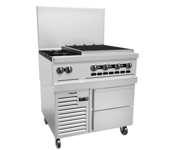 Vulcan 36R-2B24CB Endurance Series 36" 2 Burner Range with 24" Right Charbroiler, Refrigerated Base, and 159,000 BTU - Natural Gas/Liquid Propane - CA