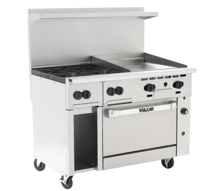 Vulcan 48S-4B24GN Endurance Series 48" 4 Burner Range with 24" Right Griddle, 36" Manual Control, Standard Oven, 12" Storage Base, and 195,000 BTU - Natural Gas - CA