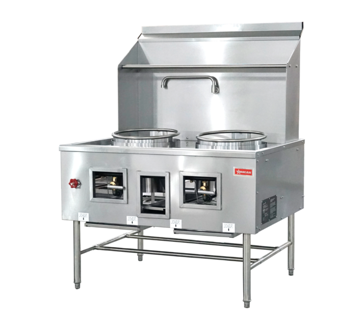 Omcan Two Chamber Wok Range with 2 x 16" Rings, Backsplash, Faucet, and 190,000 BTU - Natural Gas - CA