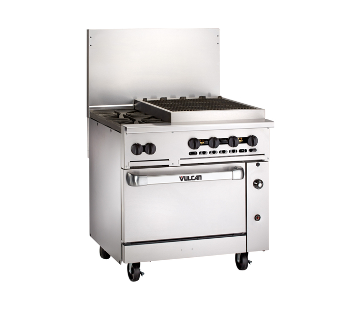 Vulcan 36C-2B24CBN Endurance Series 36" 2 Burner Range with 24" Right Charbroiler, Convection Oven, and 159,000 BTU - Natural Gas - CA