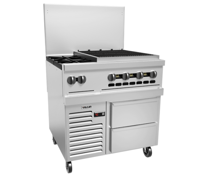 Vulcan 36R-2B24CBP Endurance Series 36" 2 Burner Range with 24" Right Charbroiler, Refrigerated Base, and 159,000 BTU - Liquid Propane - CA