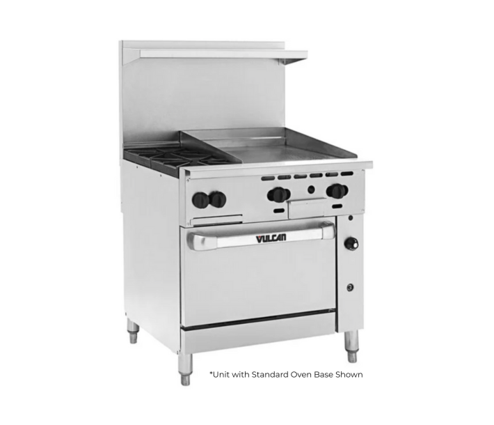 Vulcan 36R-2B24GP Endurance Series 36" 2 Burner Range with 24" Right Griddle, 24" Manual Control, Refrigerated Base, and 100,000 BTU - Liquid Propane - CA