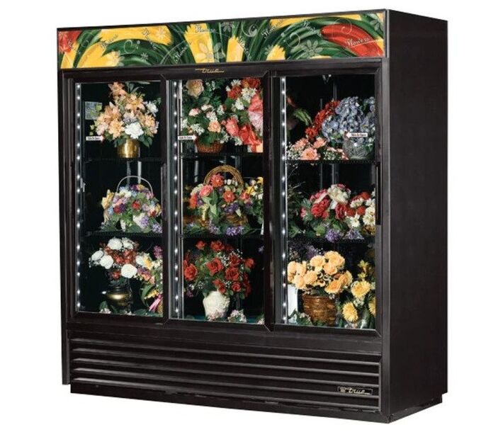 True GDM-69FC-HC-LD 78" Three Glass Sliding Door Floral Merchandiser with 69 cu.ft. Capacity - 115V - CA