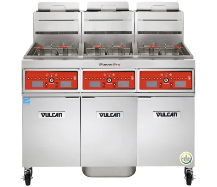Vulcan PowerFry3 3TR65CF 63" Floor Gas Fryer with 65-70 lb. Capacity, 3 Battery, KleenScreen Filtration, and Stainless Steel Cabinet - Energy Star Certified - USA