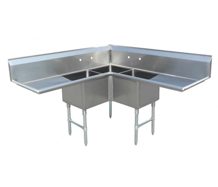 Omcan 18" x 18" x 14" 18-Gauge Stainless Steel Three Compartment Corner Sink with 2 Drainboards and 3.5" Center Drain - 43073 - CA