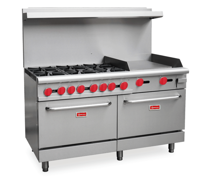 Omcan 60" Commercial Propane Gas Range with 6 Burners, 24" Griddle, and 2 Standard Ovens - 282,000 BTU - CA