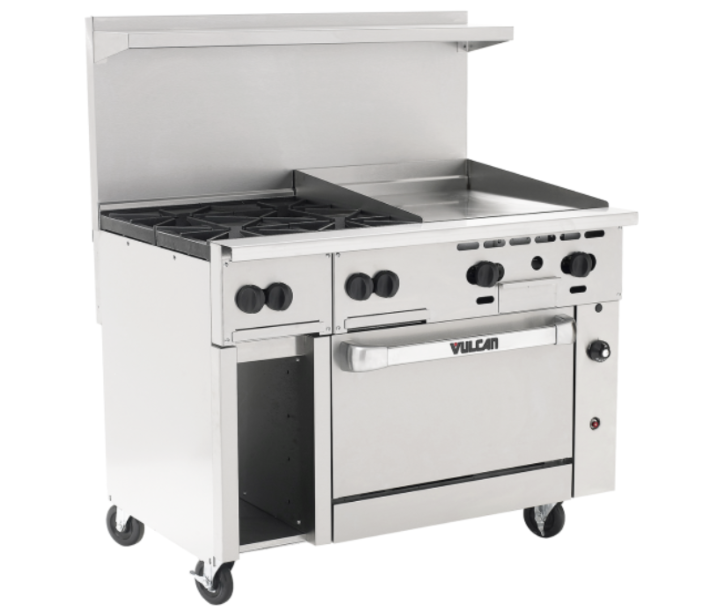 Vulcan 48C-4B24G Endurance Series 48" 4 Burner Range with 24" Right Griddle, 36" Manual Control, Convection Oven, 12" Storage Base, and 195,000 BTU - NG/LP - CA