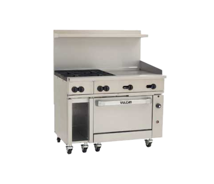 Vulcan 48S-4B24G Endurance Series 48" 4 Burner Range with 24" Right Griddle, 36" Manual Control, Standard Oven, 12" Storage Base, and 195,000 BTU - NG/LP - USA