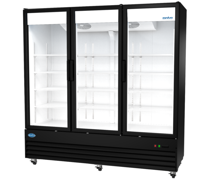 Zanduco 79" 3-Swing Glass Doors Black Merchandiser Refrigerator with 1985L Capacity - 115V, 625W - CA