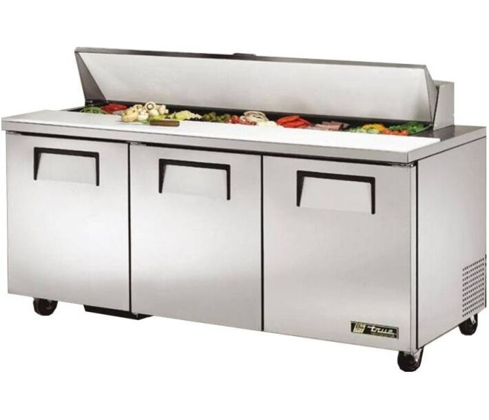 True TSSU-72-18-HC 72" 3-Solid Door Refrigerated Sandwich/Salad Prep Table - 115V - USA
