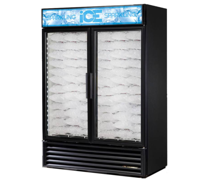 True GDIM-49NT-HC~TSL01 54" No Tank Two Section Glass Door Ice Merchandiser - 49 Cu Ft - CA