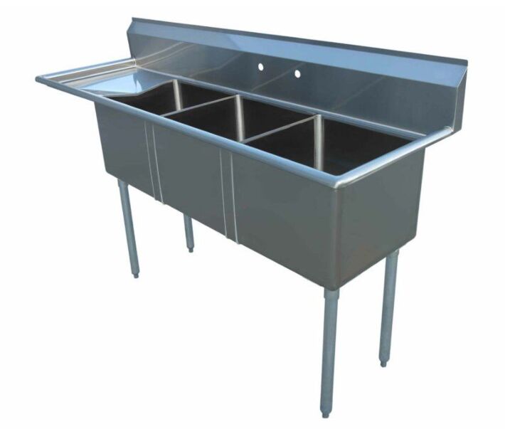 Zanduco 74.5" 18-Gauge Three Compartment Stainless Steel Sink with 1.8" Corner Drain and Left Drain Board - 18" X 18" X 11" Bowls - USA
