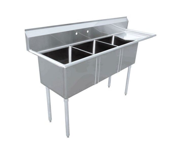 Zanduco 74.5" 18-Gauge Three Compartment Stainless Steel Sink with 1.8" Corner Drain and Right Drain Board - 18" X 18" X 11" Bowls - USA