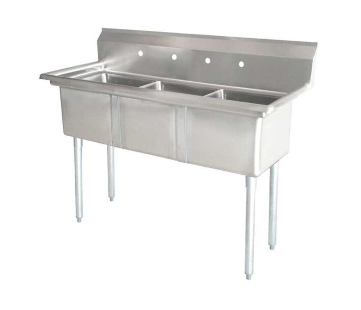 Zanduco 77" 18-Gauge Three Compartment Stainless Steel Sink with 1.8" Corner Drain and No Drain Board - 24" X 24" X 14" Bowls - USA