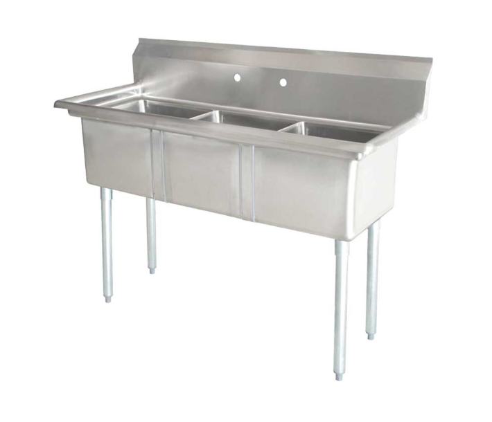 Zanduco 59" 18-Gauge Three Compartment Stainless Steel Sink with 1.8" Corner Drain and No Drain Board -  18"x 21"x 14" Bowl - USA