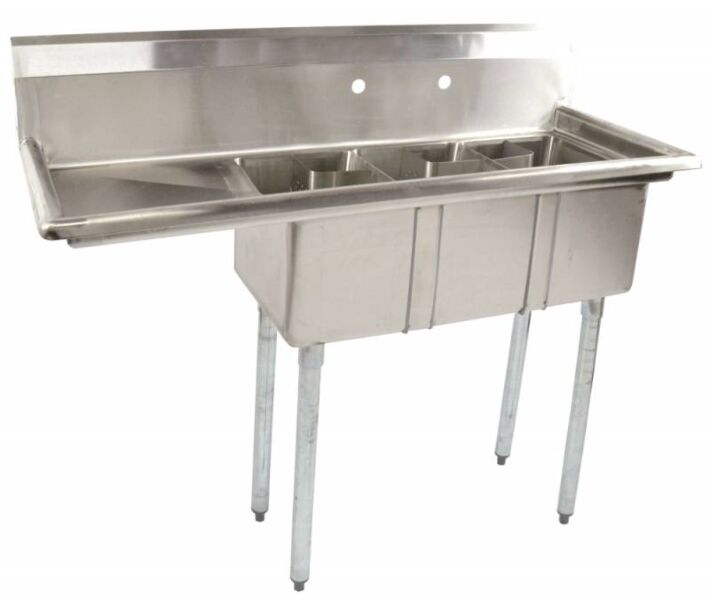 Zanduco 48.6" 18-Gauge Three Compartment Stainless Steel Sink with 1.5" Corner Drain and Left Drain Board -  10" X 14" X 10" Bowls - USA