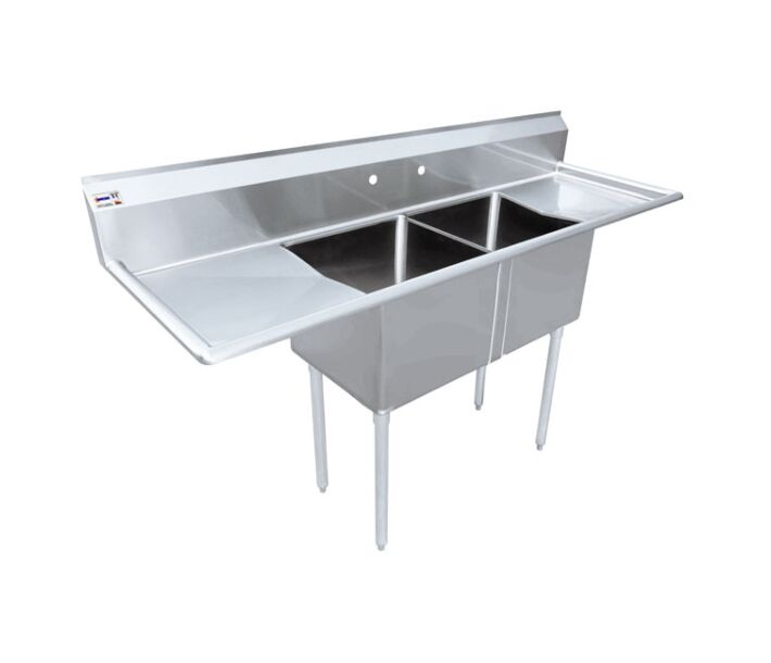 Omcan 18" x 18" x 11" 18-Gauge Stainless Steel Two Compartment Sink with 2 Drainboards and 3.5" Center Drain - CA