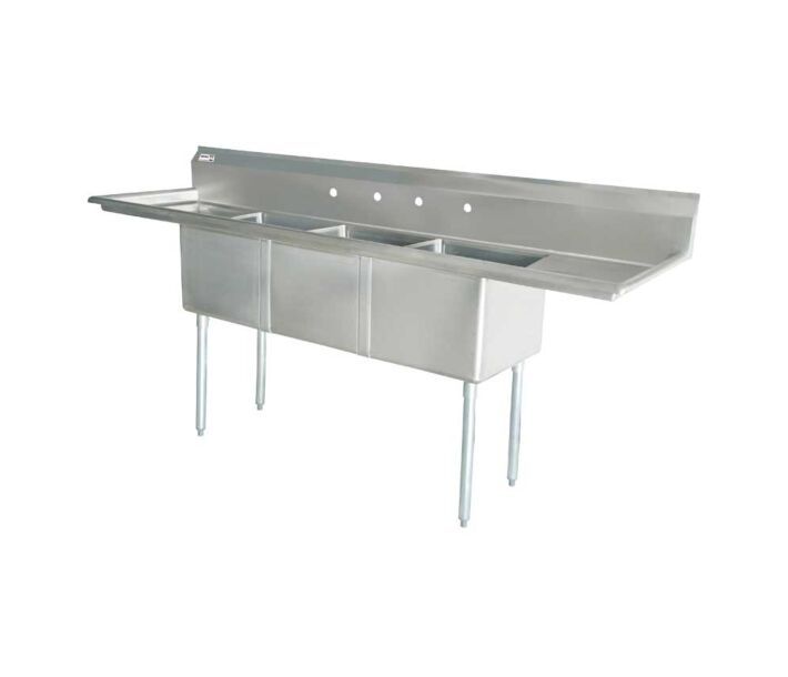 Zanduco 98.5" 18-Gauge Three Compartment Stainless Steel Sink with 1.8" Corner Drain and Right Drain Board -  24" X 24" X 14" Bowls - USA