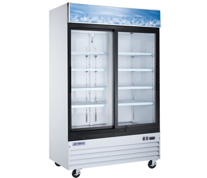 Aurora 54" White Two Sliding Glass Door Reach-In Merchandiser Refrigerator with 1274L Capacity and Lightbox - 120V, 249W - CA