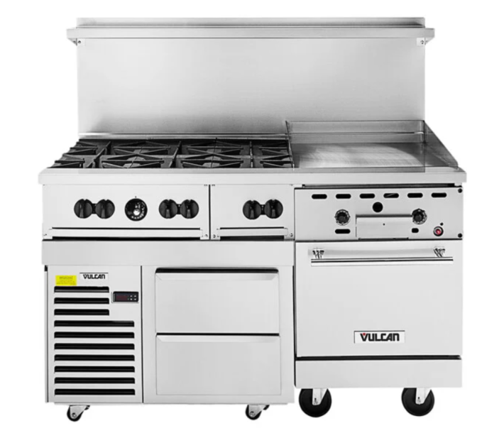 Vulcan 60RS-24G6BP Endurance Series 60" 6 Burner Range with 24" Right Griddle, 24" Manual Controls, Standard Oven, Refrigerated Base, and 220,000 BTU - Liquid Propane - USA