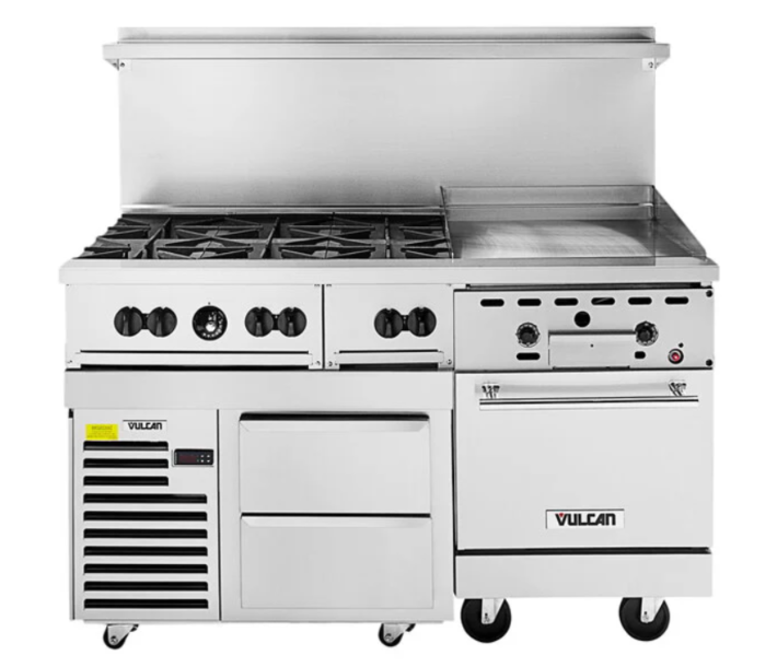 Vulcan 60RS-24G6B Endurance Series 60" 6 Burner Range with 24" Right Griddle, 24" Manual Controls, Standard Oven, Refrigerated Base, and 220,000 BTU - NG/LP - USA