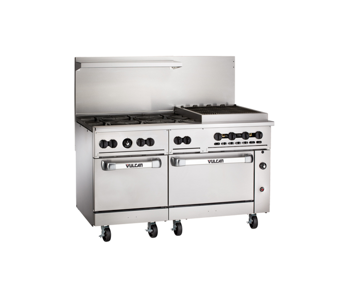 Vulcan 60SC-6B24CBP Endurance Series 60" 6 Burner Range with 24" Right Charbroiler, Standard Oven, Convection Oven, and 302,000 BTU - Liquid Propane - USA