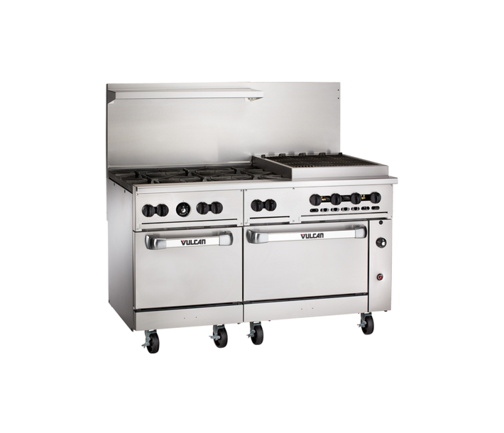 Vulcan 60SC-6B24CB Endurance Series 60" 6 Burner Range with 24" Right Charbroiler, Standard Oven, Convection Oven, and 302,000 BTU - NG/LP - CA
