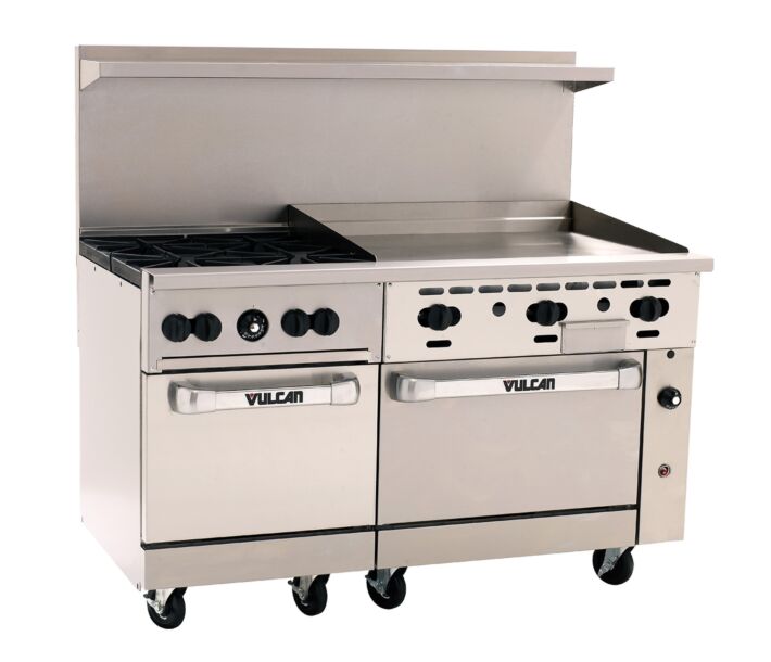 Vulcan 60SS-4B36GP Endurance Series 60" 4 Burner Range with 36" Right Griddle, 36" Manual Control, 2 Standard Oven, and 238,000 BTU - Liquid Propane - CA