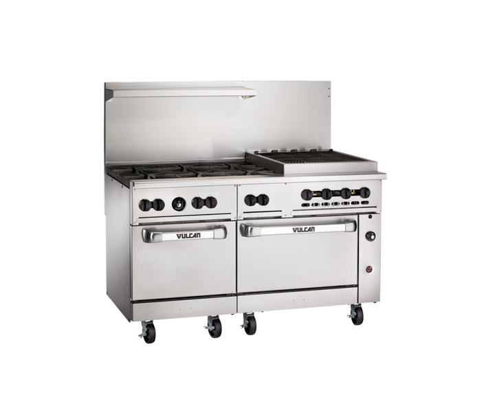 Vulcan 60SS-6B24CB Endurance Series 60" 6 Burner Range with 24" Right Charbroiler, 2 Standard Oven, and 302,000 BTU - NG/LP - CA