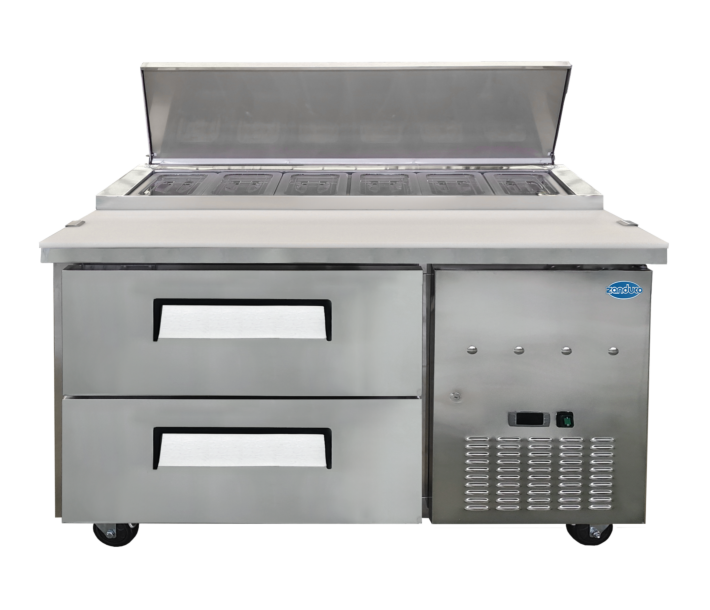 Zanduco 48" Stainless Steel Single Door Refrigerated Pizza Prep Table with Drawers and 340 L Capacity - 110-120 V, 1/5 HP - CA