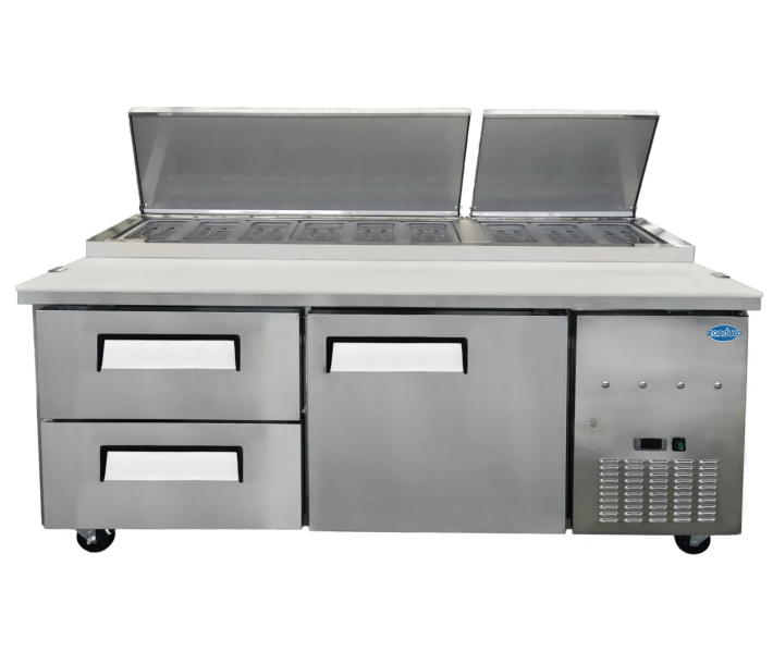 Zanduco 71" Stainless Steel Single Door Refrigerated Pizza Prep Table with Drawers and 623 L Capacity - 110-120 V, 1/4 HP - CA