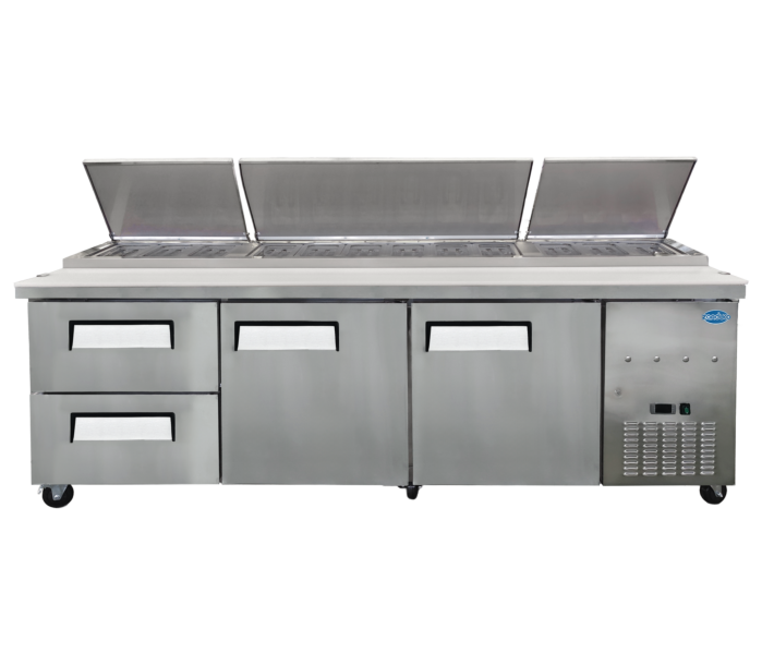 Zanduco 94" Stainless Steel 2-Door Refrigerated Pizza Prep Table with Drawers and 906 L Capacity - 110-120 V, 1/4 HP - CA