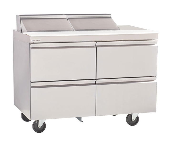 Delfield D4448NP-18M 48" Mega Top Salad Prep Table with Four Drawers (18) 1/6 size pan capacity 16 cu. Ft. - 115V/60/1 - CA