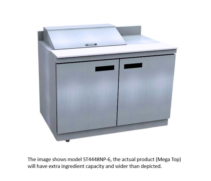 Delfield ST4460NP-12M 60" Mega Top Salad Prep Table with 4" Backsplash (12) 1/6 size pan capacity 20.2 cu. Ft. - 115V/60/1 - USA