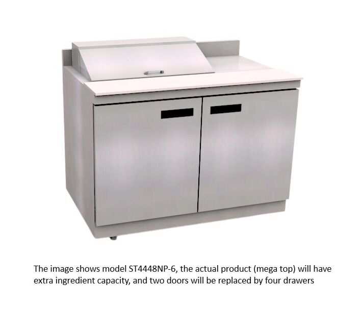 Delfield STD4460NP-12M 60" Mega Top Salad Prep Table with Four Drawers and 4" Backsplash (12) 1/6 size pan capacity 20.2 cu. Ft. - 115V/60/1 - CA