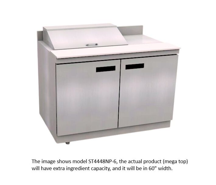 Delfield ST4460NP-18M 60" Mega Top Salad Prep Table with 4" Backsplash (18) 1/6 size pan capacity 20.2 cu. Ft. - 115V/60/1 - USA